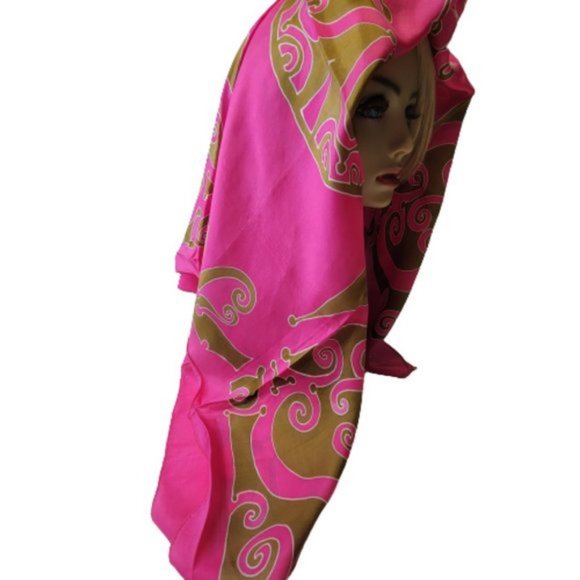 Pink Colored Square Silk Scarf with olive green Print Handpainted Fuji Silk- NEW - Picture 6 of 8